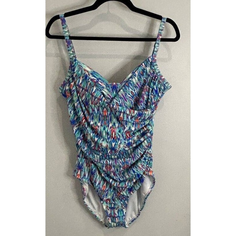 Jantzen One Piece Swimsuit Aqua Blue Multi Color One Piece Wrap Front Ruched 16
